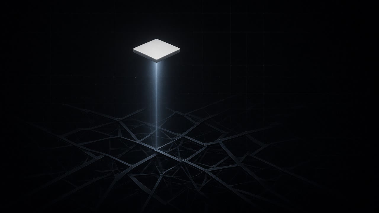 A pale verification tile opens into a tangled network of dark command pathways.