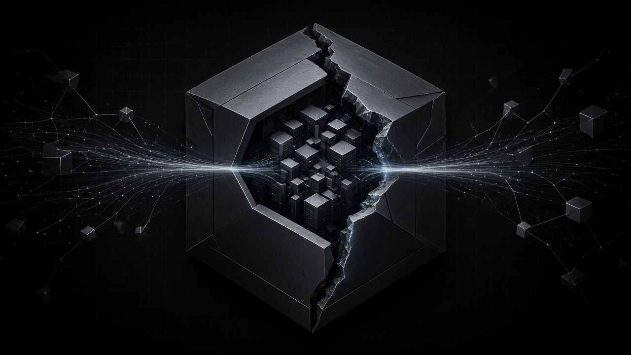 A sealed geometric test chamber split open as luminous data paths escape into an external network.