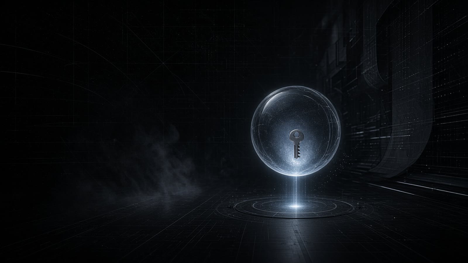 A luminous autonomous node carries a key through a dark, controlled network corridor.
