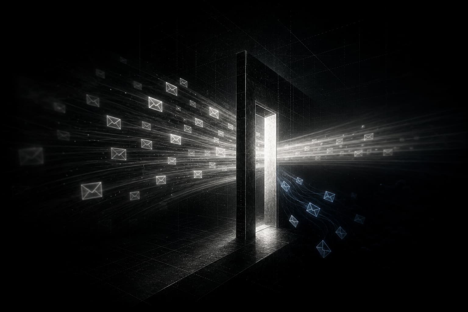 Streams of light passing through a narrow checkpoint gateway while some are turned away into shadow.