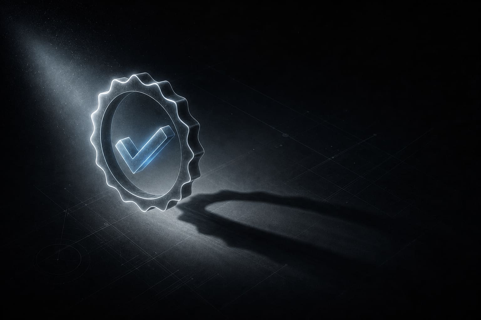 A glowing certification seal hovering in space, hollow and casting a long empty shadow behind it.